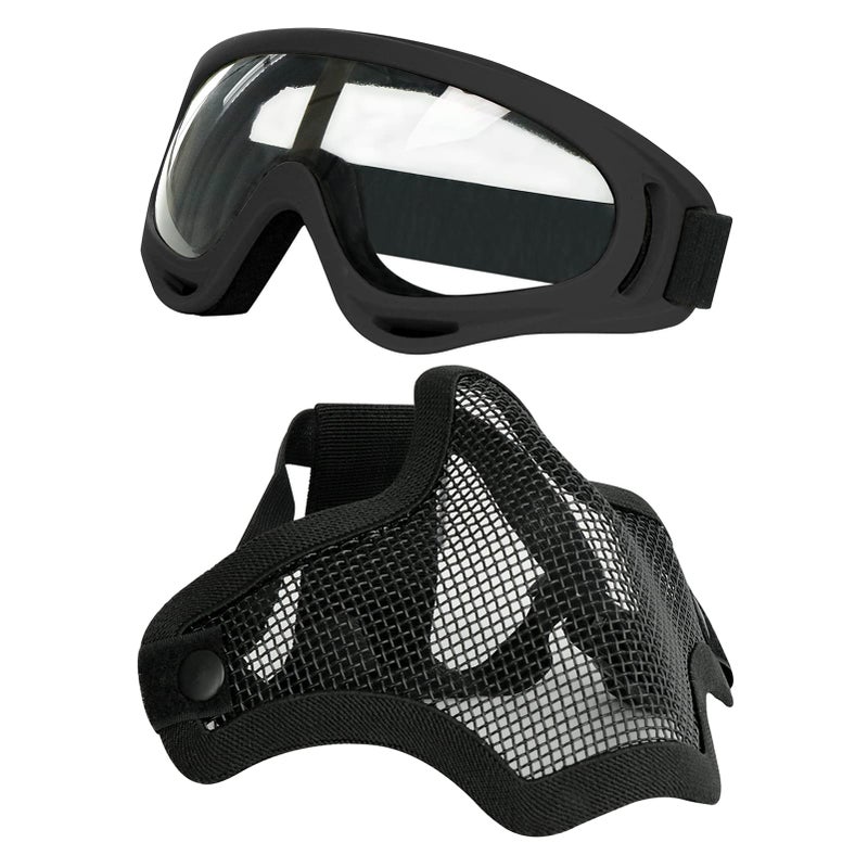 Aoutacc Airsoft Half Face Mask Steel Mesh and Goggles Set, Tactical Masks Protection Gear for Paintball BBS CS Nerf Game Cosplay Halloween Costume Accessories (Black) - Image 1
